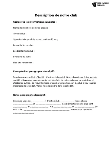 Fiche pour l'élève - Description de notre club