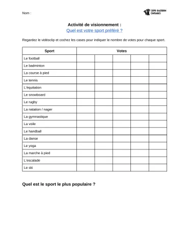 Quel est votre sport préféré? Activité de visionnement 1