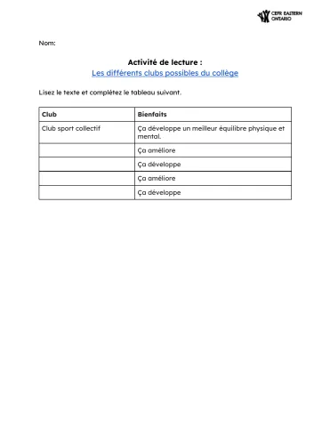 Activité de lecture : les différents clubs possibles du collège