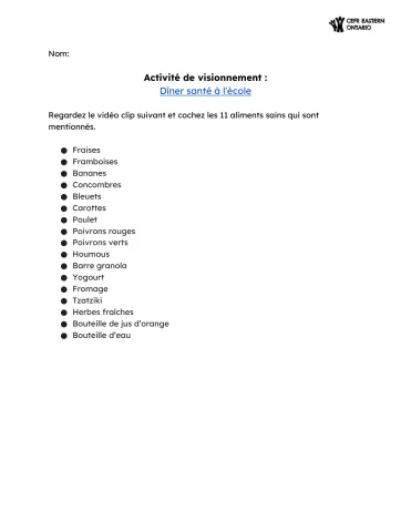 Dîner santé à l'école - Activité de visionnement
