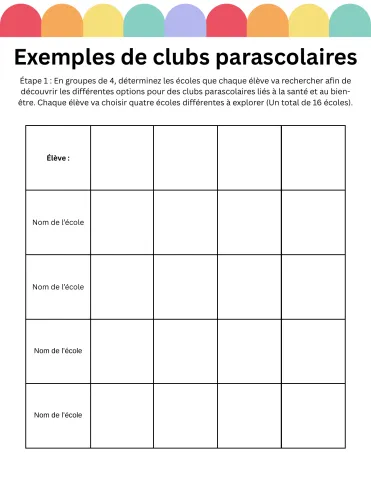 Fiche d’élève - Exemples de clubs parascolaires