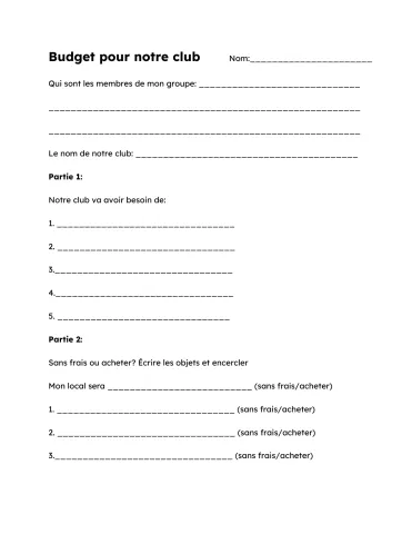 Feuille d'activité - Budget pour notre club