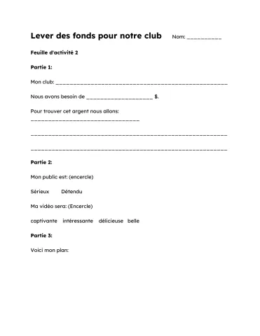 Feuille d'activité - Lever des fonds pour notre club