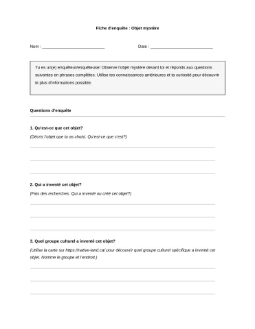 Fiche d’enquête : Objet mystère