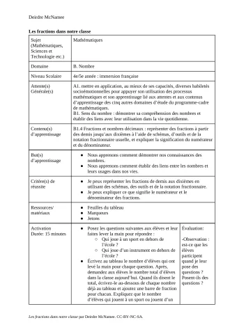 Les fractions dans notre classe - Plan de leçon