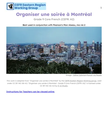 Organiser une soirée à Montréal (Grade 9 Core French A2)