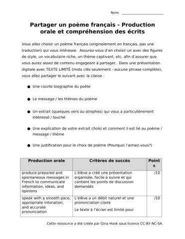Partager un poème - Production orale et compréhension des écrits
