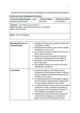 Plan de Cours pour les Verbes et La Négation en Français (avec des ressources)