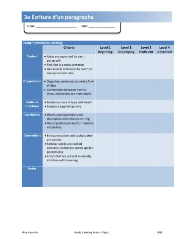 Rubrique d'évaluation - Écriture d'un paragraphe (English version)