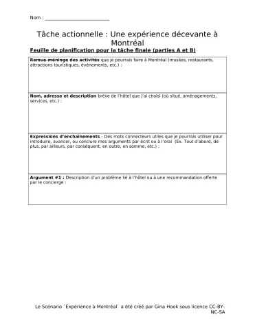 Scénario actionnel Une expérience décevante à Montréal - Student planning sheet for Final Tasks A and B