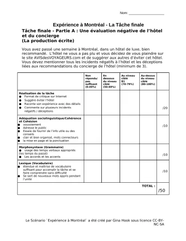 Scénario actionnel Une expérience décevante à Montréal - Tâche finale Partie A