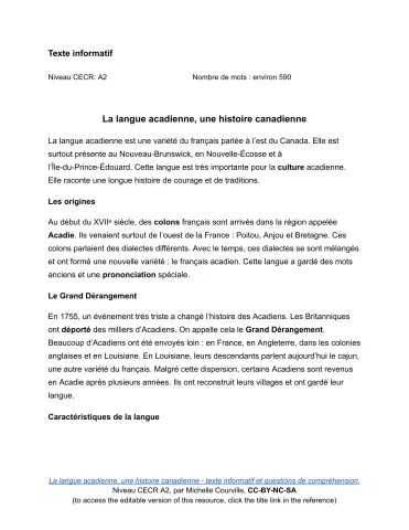 Texte Informatif A2: La langue acadienne, une histoire canadienne