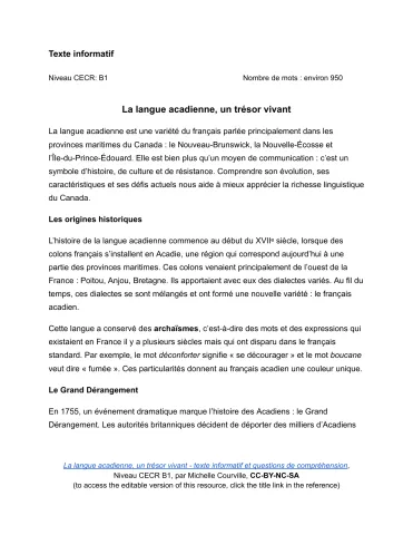 Texte Informatif B1: La langue acadienne, un trésor vivant