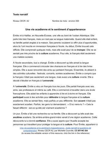 Texte narratif A2: Une vie acadienne et le sentiment d'appartenance