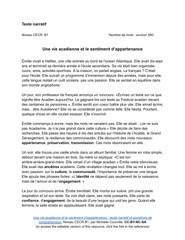 Texte narratif B1: Une vie acadienne et le sentiment d'appartenance