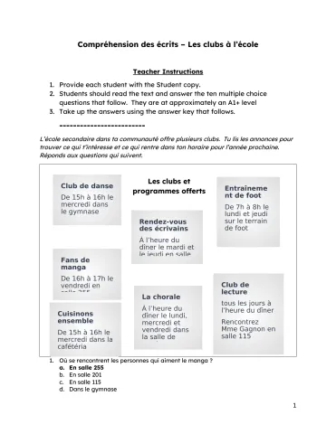 Compréhension des écrits – Les clubs à l’école