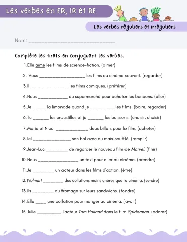 Les verbes en ER, IR et RE et le vocabulaire du cinéma : exercices