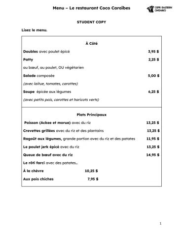 Navigating menus : restaurant des Caraïbes